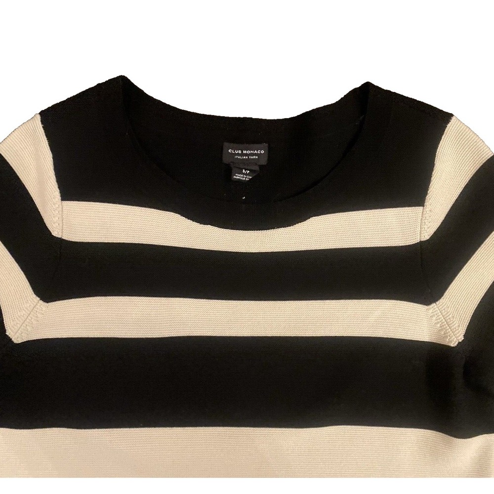 CLUB MONACO Womens Italian Yarn Striped Sweater Dress Black Cream Wool Small - Picture 2 of 8